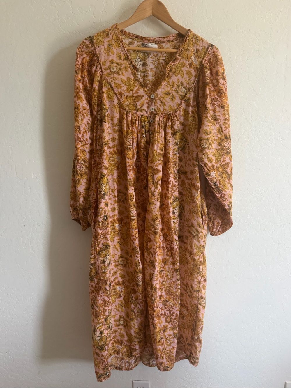 Kinga Csilla Floral Block Print Long Sleeve Midi Dress Pink Yellow L